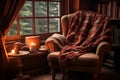 Cozy reading nook with plush armchair and burning candles. Generative AI