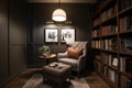 cozy reading nook with plush armchair, stack of books, and warm throw blanket