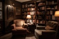 cozy reading nook with plush armchair, stack of books, and warm throw blanket