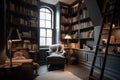 cozy reading nook with plush armchair, stack of books, and warm throw blanket