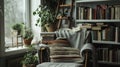 A cozy reading nook with a plush chair a stack of books and a small indoor herb garden on a nearby shelf. .