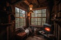 cozy reading nook in rustic cabin with lantern lighting, view of the forest and warm fire