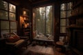 cozy reading nook in rustic cabin with lantern lighting, view of the forest and warm fire