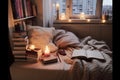 cozy reading nook with soft blankets, cushions, and a good book