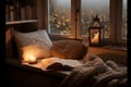 cozy reading nook with soft blankets, cushions, and a good book