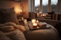 cozy reading nook with soft throws, candles, and cozy books for relaxing evening