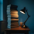 Cozy Reading Nook: Stack of Books and Desk Lamp with Steaming Mug Royalty Free Stock Photo