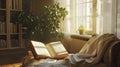 a cozy reading nook, with sunlight streaming onto highlighted quotes in a book, evoking a sense of introspection and