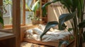 A cozy reading nook is tucked away in a corner of the bedroom with a large leafy plant acting as a natural divider