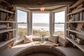 cozy reading nook with a view of the beach, with driftwood and shells for decorations