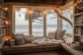 cozy reading nook with a view of the beach, with driftwood and shells for decorations