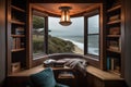 cozy reading nook with view of the beach, and a glass of wine to complete the scene