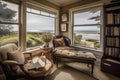 cozy reading nook with view of the beach, and a glass of wine to complete the scene