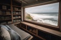 cozy reading nook with a view of the beach, waves rolling in