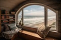 cozy reading nook with a view of the beach, waves rolling in
