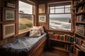 cozy reading nook with view of the beach, waves rolling in, and seagulls flying overhead