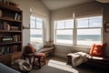 cozy reading nook with view of the beach, waves rolling in, and seagulls flying overhead