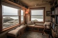 cozy reading nook with view of the beach, waves rolling in, and seagulls flying overhead Royalty Free Stock Photo