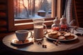 cozy reading nook with a view of the snowy landscape Royalty Free Stock Photo