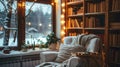 Cozy reading nook white oversized armchair soft blanket window snowy view