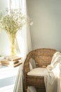 Cozy reading nook by the window with rattan wicker chair
