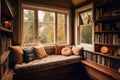 cozy reading nook with window seat, view of the outside and stacks of books to choose from