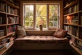 cozy reading nook with window seat, view of the outside and stacks of books to choose from