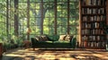 Cozy reading room with green sofa and large windows. Home library interior design. Royalty Free Stock Photo