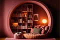 Cozy reading room interior with books and a small sofa