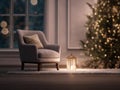 Cozy reading spot with armchair and lantern in holiday setting Royalty Free Stock Photo