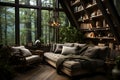 A cozy reading spot near a huge window with green trees outside, with lots of books on bookshelves