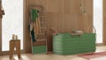 Cozy relaxing bathroom with wooden walls and floor in green tones, spa style, freestanding bathtub, towel rack, pendant lamps,