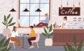 Cozy and relaxing coffee shop interior with people. Barista and customers inside modern cafe. Men and women resting in