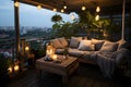 Cozy relaxing evening on a balcony with potted plants, comfortable seating and soft lighting