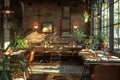 Cozy Restaurant With Brick Wall and Abundant Plants Royalty Free Stock Photo