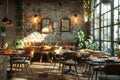 Cozy Restaurant With Brick Wall and Abundant Plants Royalty Free Stock Photo