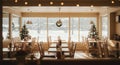 Cozy Restaurant Interior with Snowy Winter View Royalty Free Stock Photo