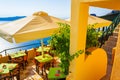 Charming restaurant terrace with panoramic Caldera views Santorini island Greece