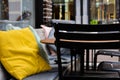 Cozy Restaurant Terrace Soft Bench Colorful Pillows Green Yellow Blue Pink Grey Chair Table