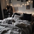 Â Cozy bed with monochrome bedding. Royalty Free Stock Photo