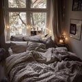 Â Cozy bed with monochrome bedding. Royalty Free Stock Photo