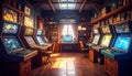 Cozy retro arcade room, sunlight streams in Royalty Free Stock Photo