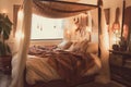 cozy retro bedroom with canopy bed, plush pillows, and throw blanket