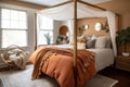 cozy retro bedroom with canopy bed, plush pillows, and throw blanket