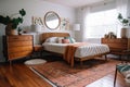 cozy retro bedroom with plush rug and vintage dresser