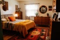 cozy retro bedroom with plush rug and vintage dresser