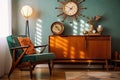 a cozy retro room with modern and vintage elements, including a mid-century chair and an antique clock