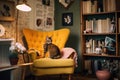 cozy retro room with plush armchair, vintage magazines and cuddly cat