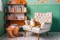 cozy retro room with plush armchair, vintage magazines and cuddly cat