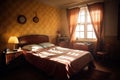 cozy retro room, with sunbeam shining through the window, onto the bed